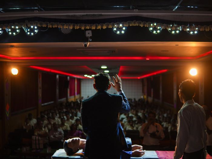 Speaking to a packed hall